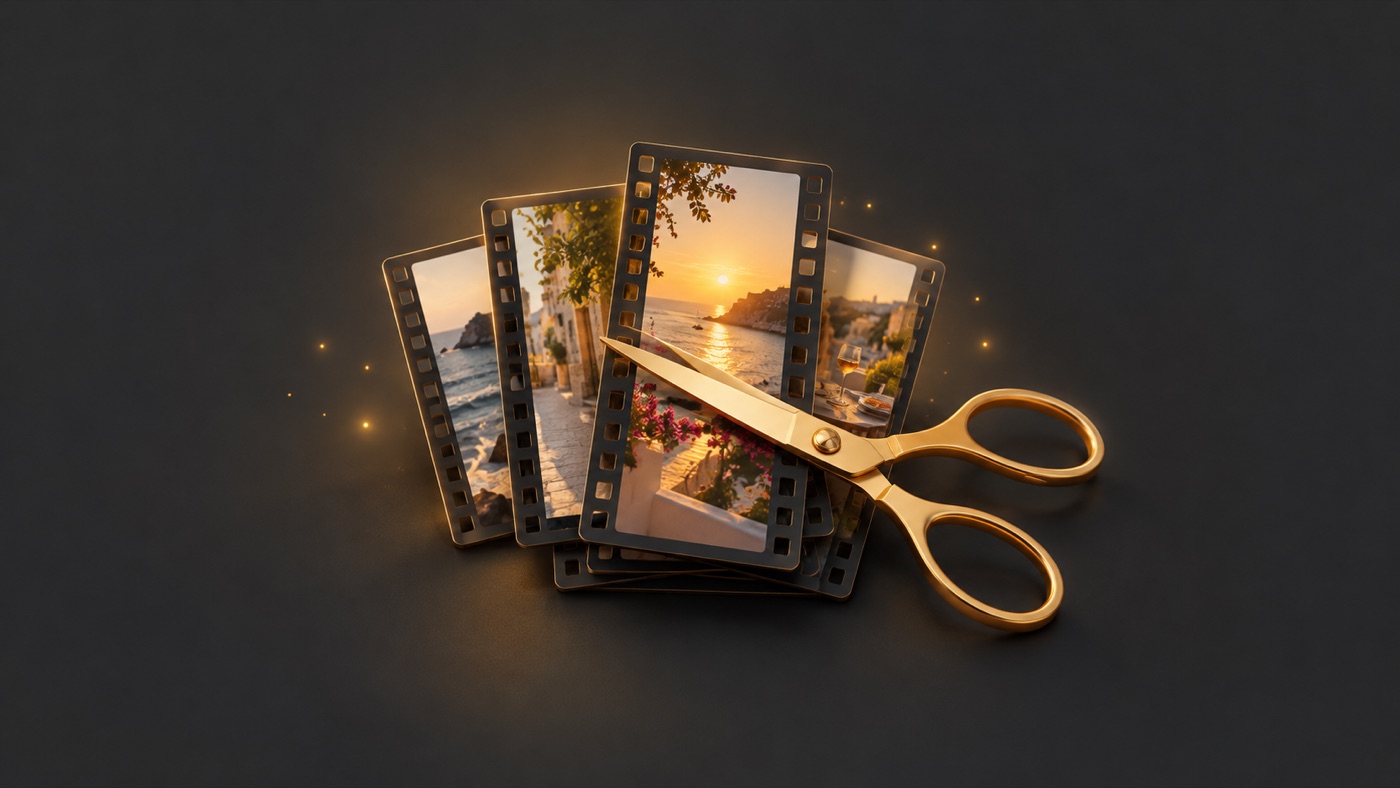Film frames of a sunset video cut by golden scissors